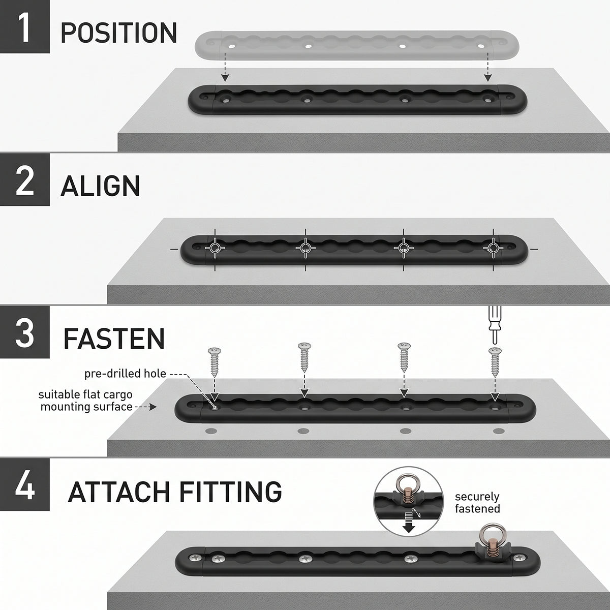 12-Inch Aluminum L-Track Tie-Down Rail Kit With D-Rings