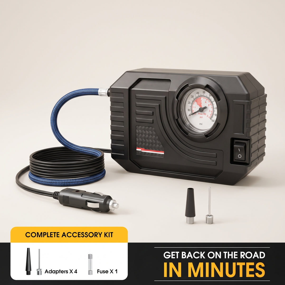 12V Portable Tire Inflator with 90 PSI Analog Gauge