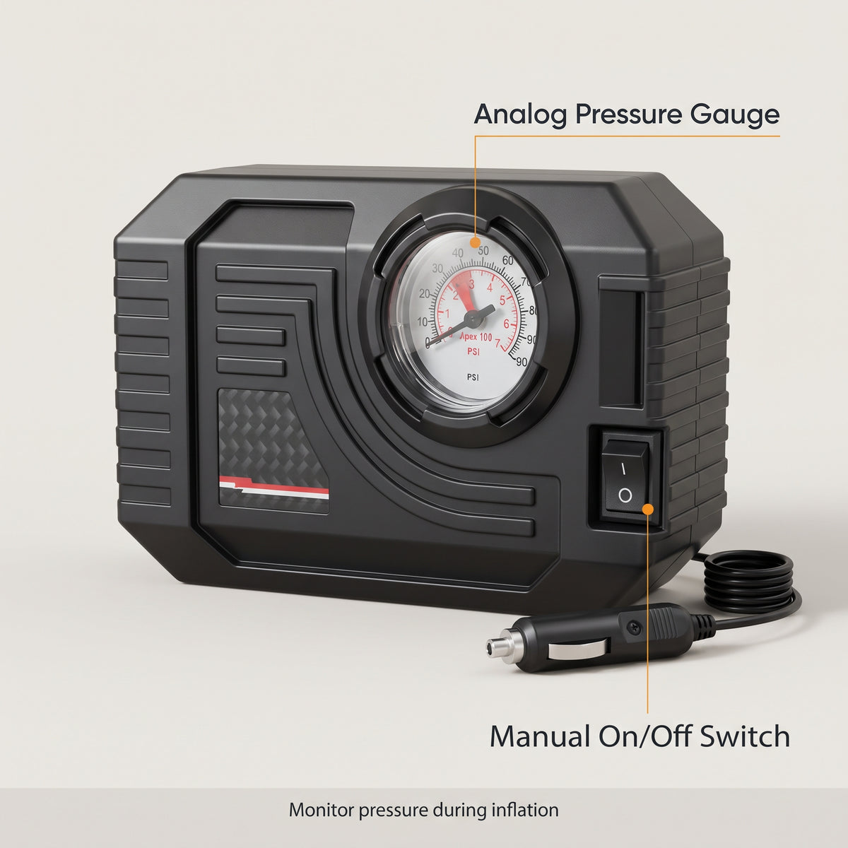 12V Portable Tire Inflator with 90 PSI Analog Gauge