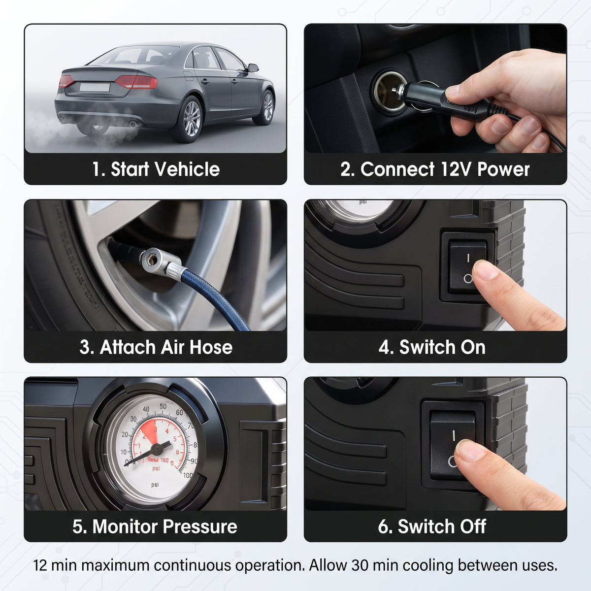 12V Portable Tire Inflator with 90 PSI Analog Gauge