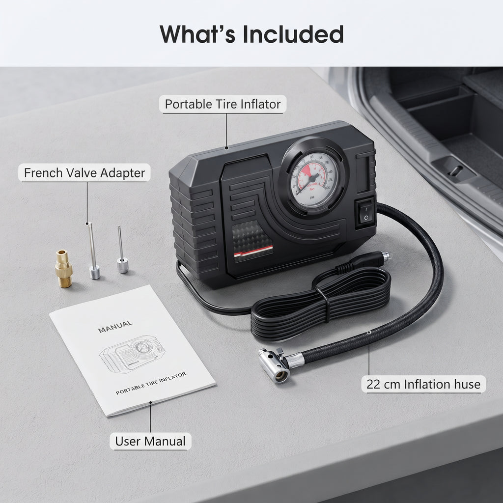 12V Portable Tire Inflator with 90 PSI Analog Gauge