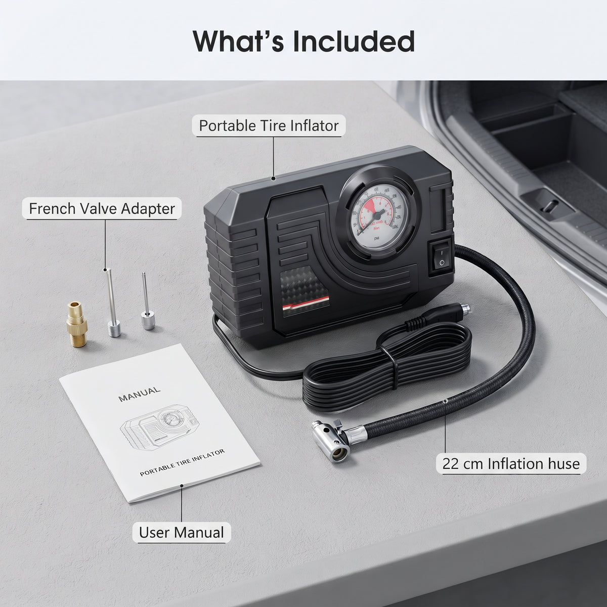 12V Portable Tire Inflator with 90 PSI Analog Gauge
