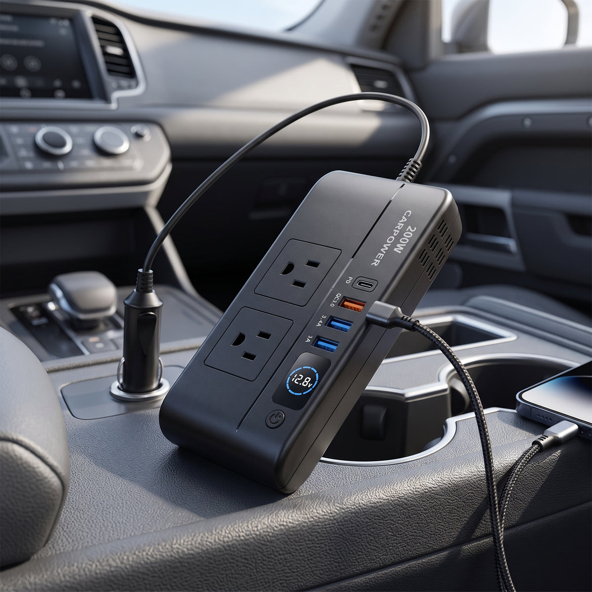 200W 12V Car Power Inverter With Dual AC & USB-C