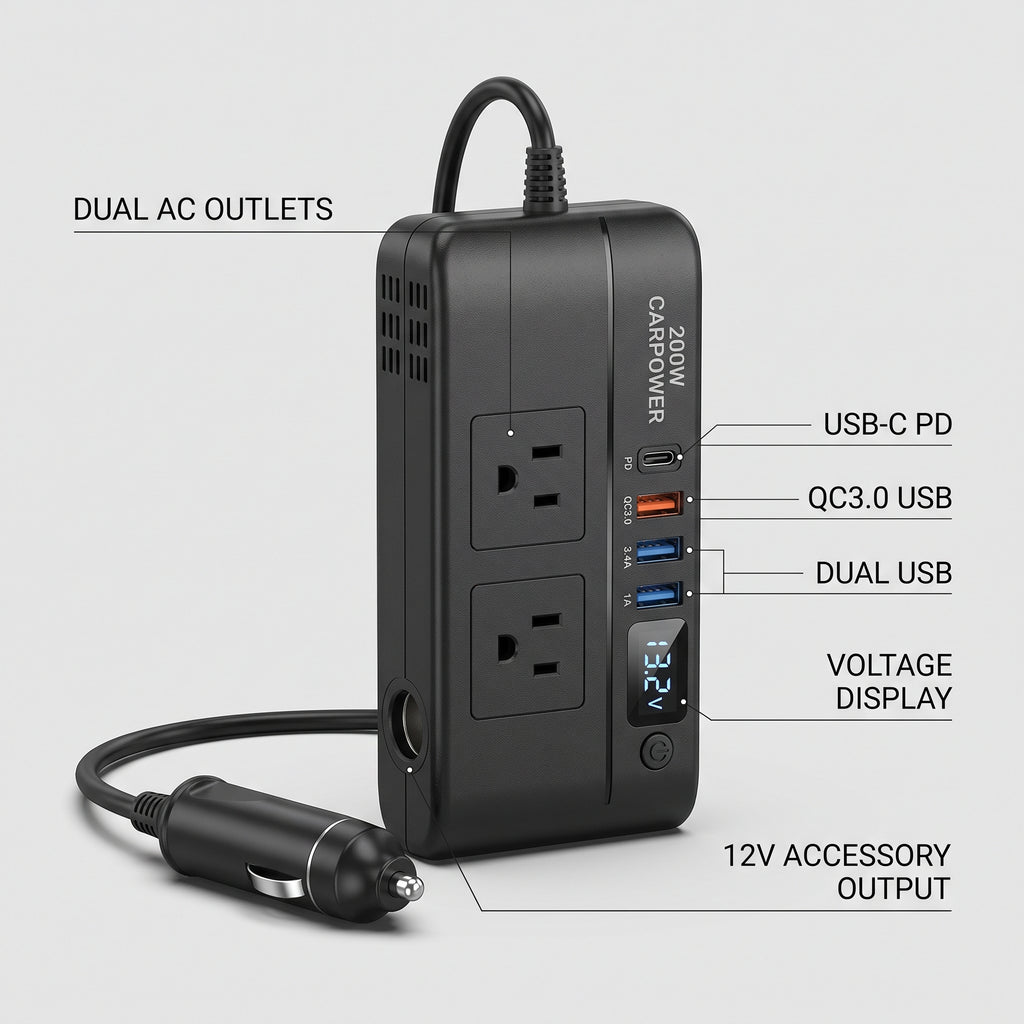 200W 12V Car Power Inverter With Dual AC & USB-C
