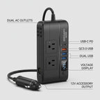200W 12V Car Power Inverter With Dual AC & USB-C
