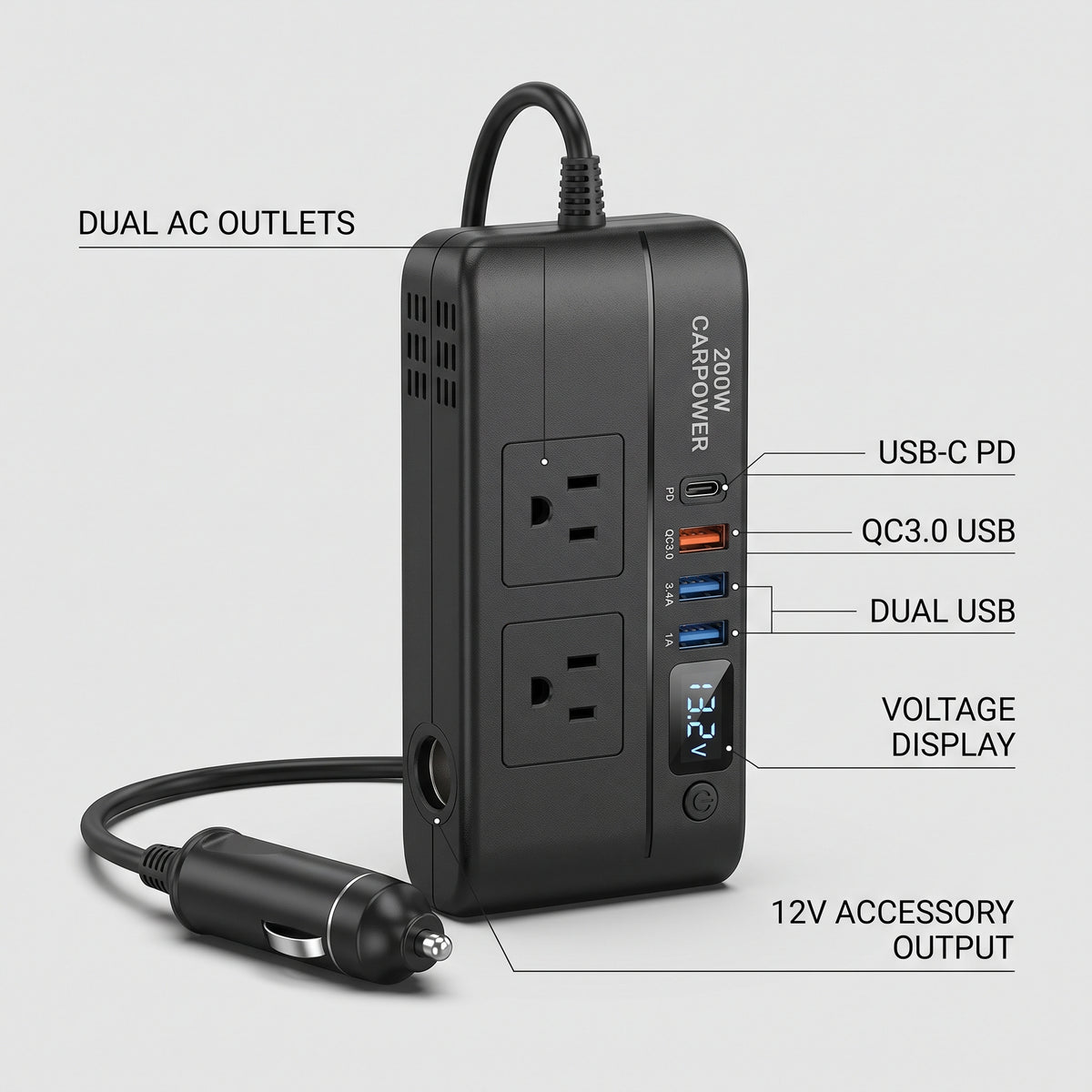 200W 12V Car Power Inverter With Dual AC & USB-C