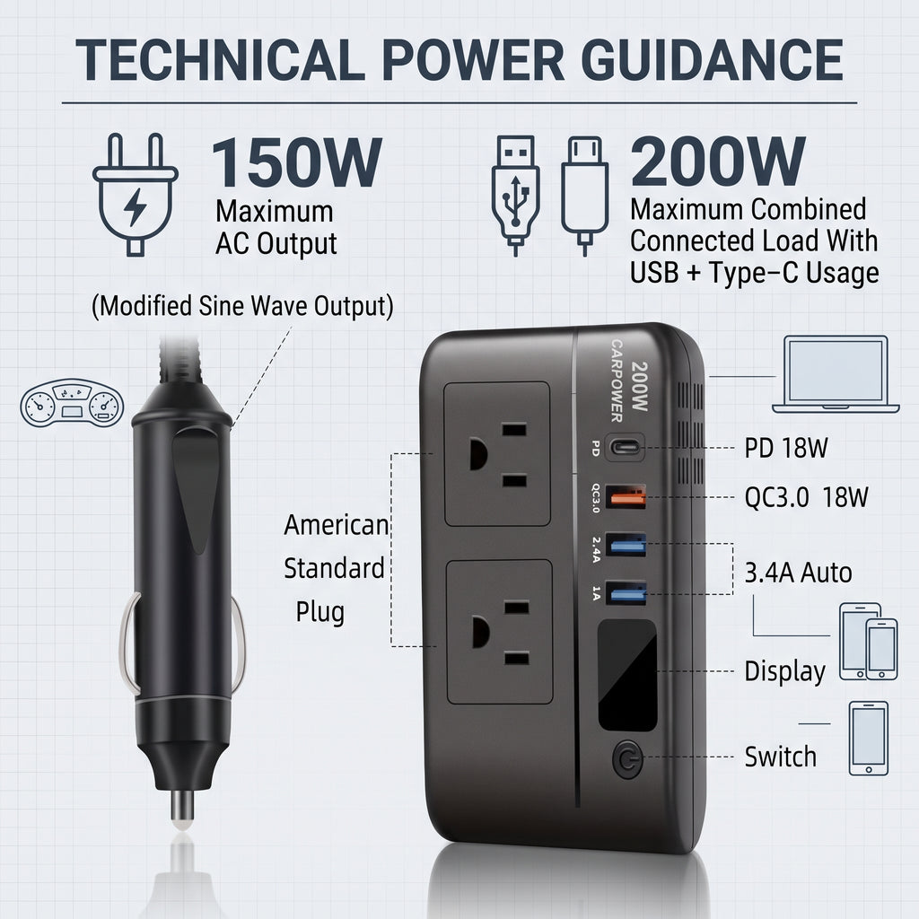 200W 12V Car Power Inverter With Dual AC & USB-C