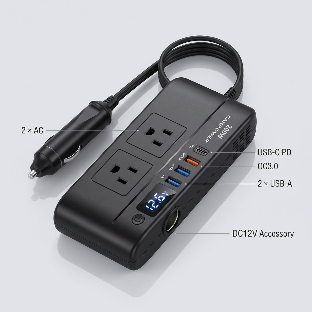 200W 12V Car Power Inverter With Dual AC & USB-C