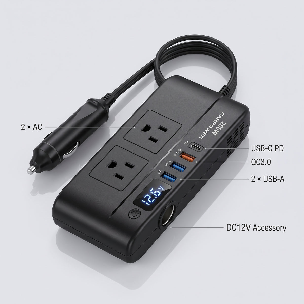 200W 12V Car Power Inverter With Dual AC & USB-C