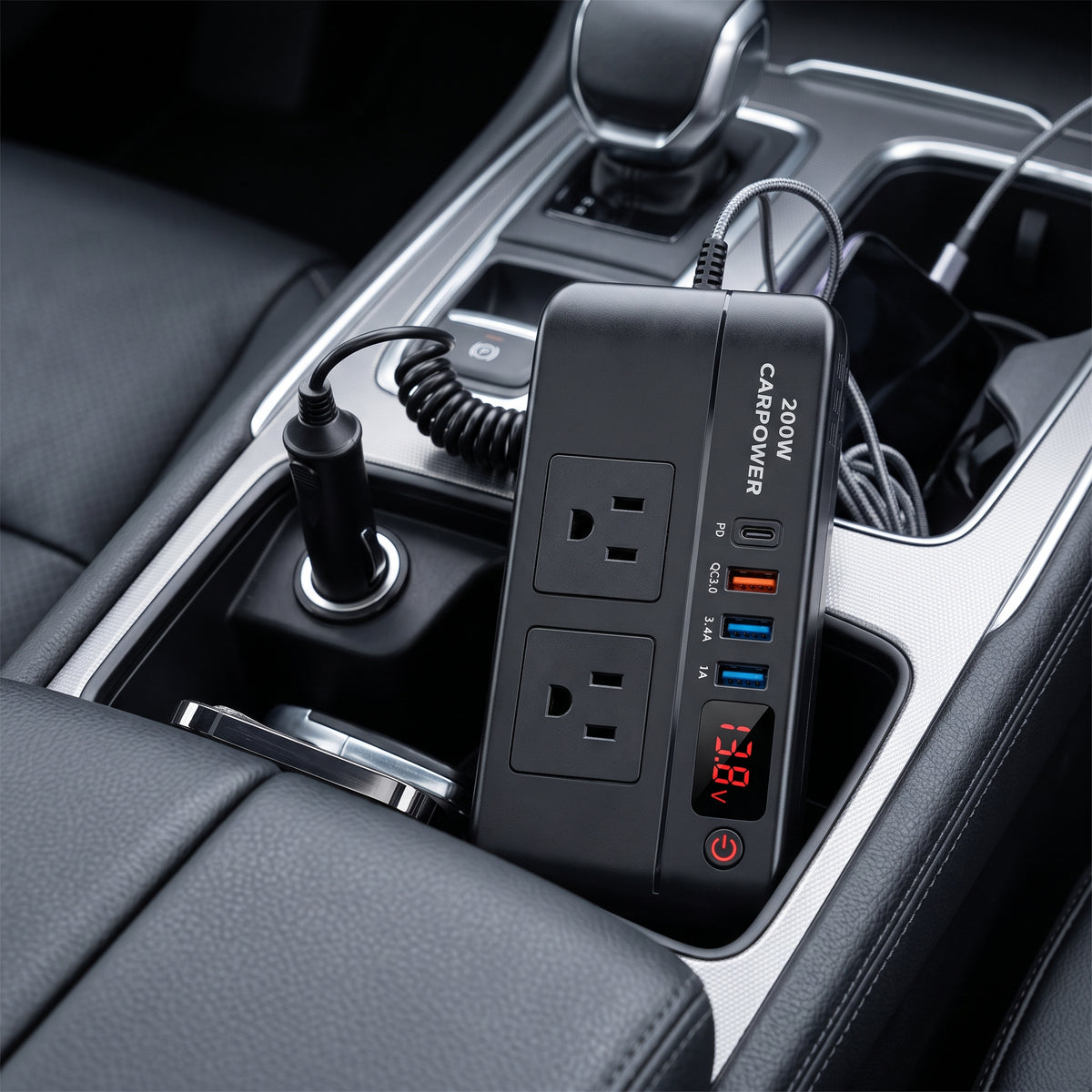 200W 12V Car Power Inverter With Dual AC & USB-C
