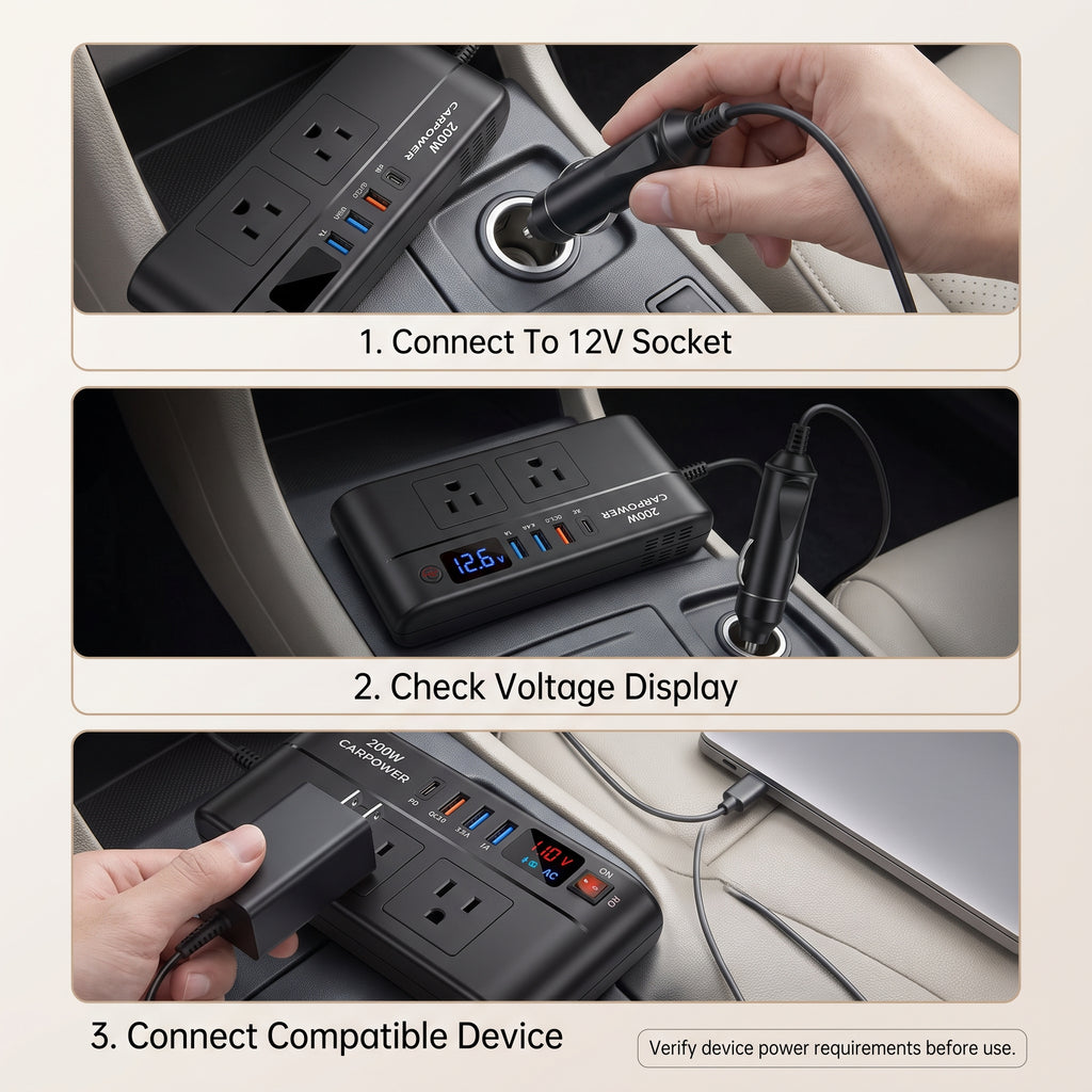 200W 12V Car Power Inverter With Dual AC & USB-C