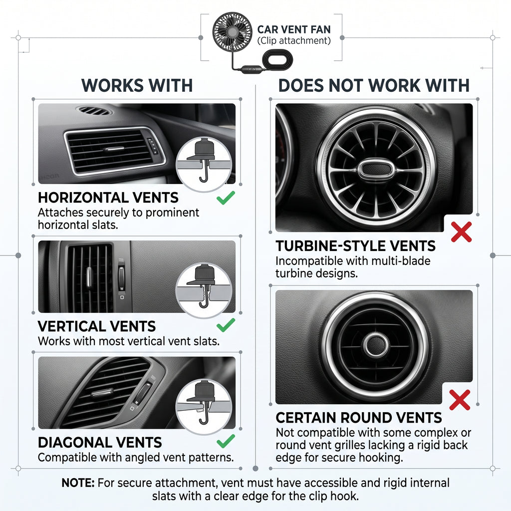 USB Car Vent Fan With Adjustable Ball-Joint Mount and 3-Speed Levels
