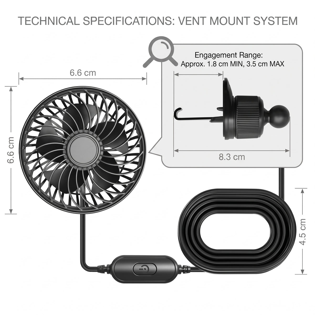 USB Car Vent Fan With Adjustable Ball-Joint Mount and 3-Speed Levels