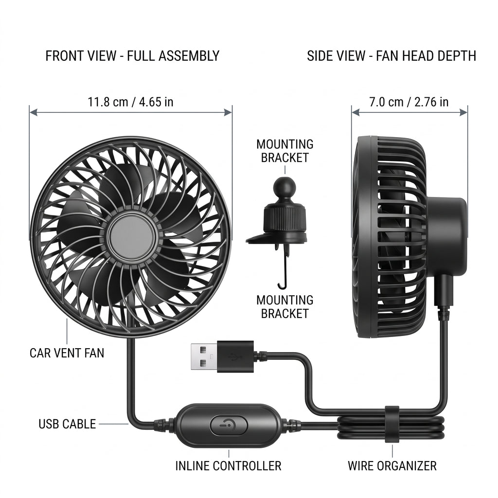 USB Car Vent Fan With Adjustable Ball-Joint Mount and 3-Speed Levels