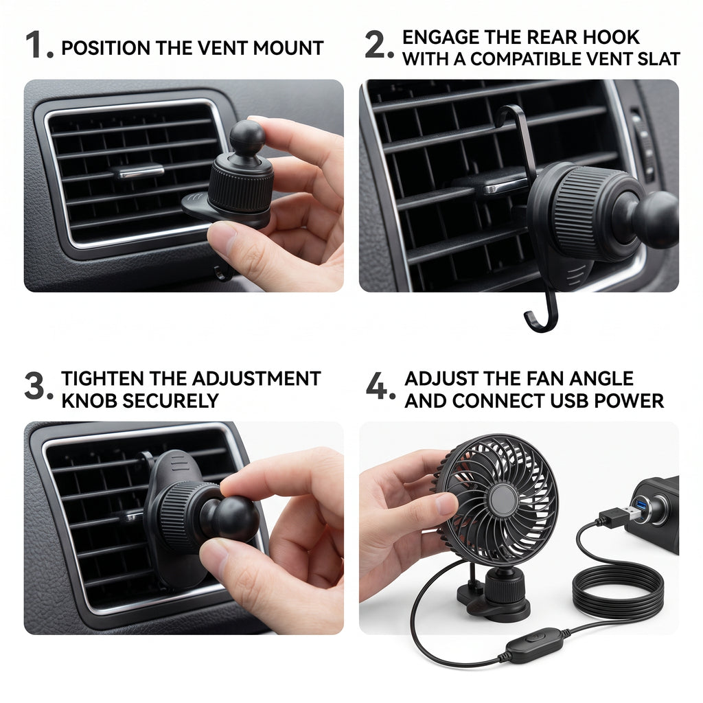 USB Car Vent Fan With Adjustable Ball-Joint Mount and 3-Speed Levels