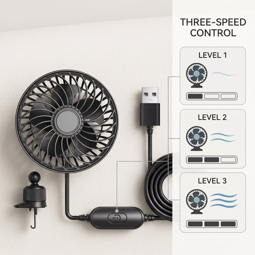 USB Car Vent Fan With Adjustable Ball-Joint Mount and 3-Speed Levels