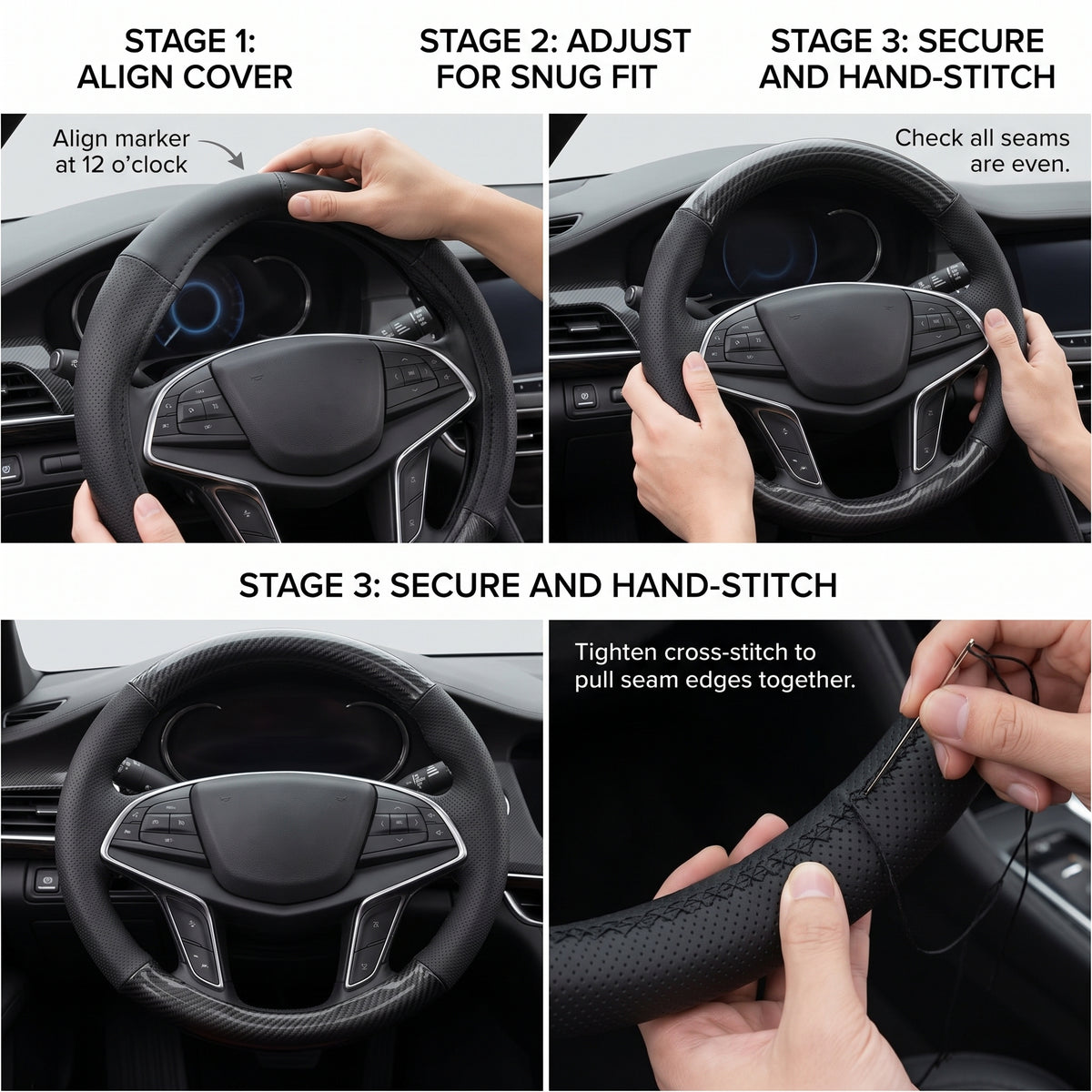 15in Hand-Stitched Microfiber Steering Wheel Cover, O/D Fit