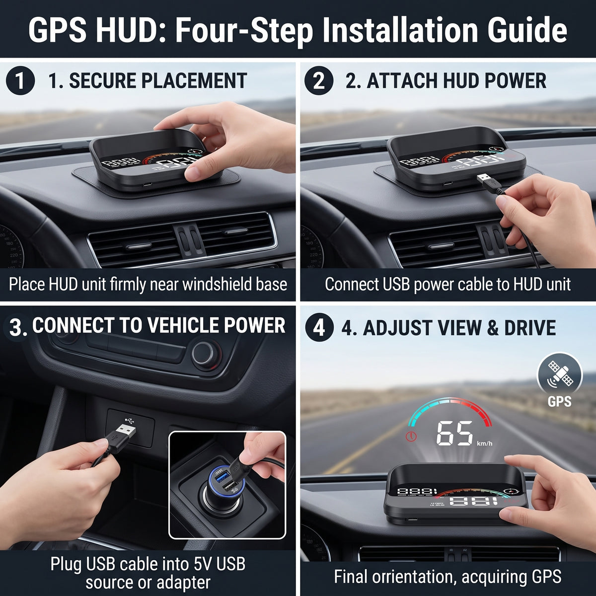 5V GPS Windshield Head-Up Display With Trip Data