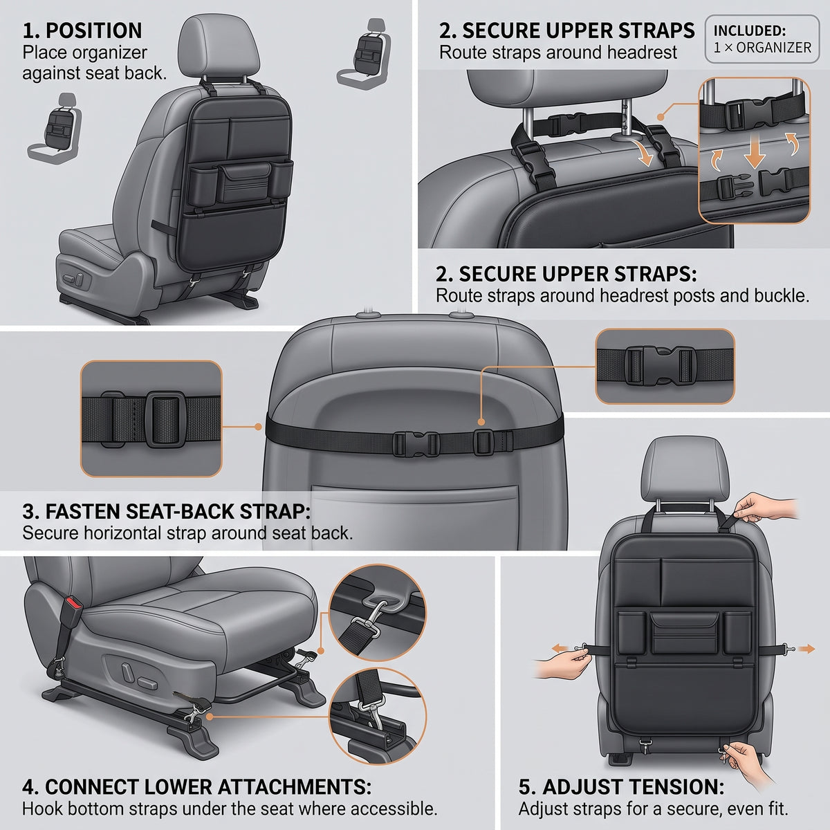 6-Pocket PU Car Seat Back Organizer With Anti-Kick Protection