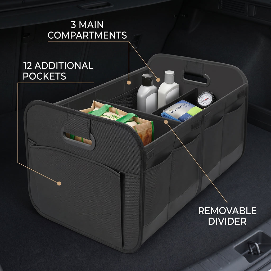 60CM Collapsible Trunk Organizer With 3 Compartments & 12 Pockets