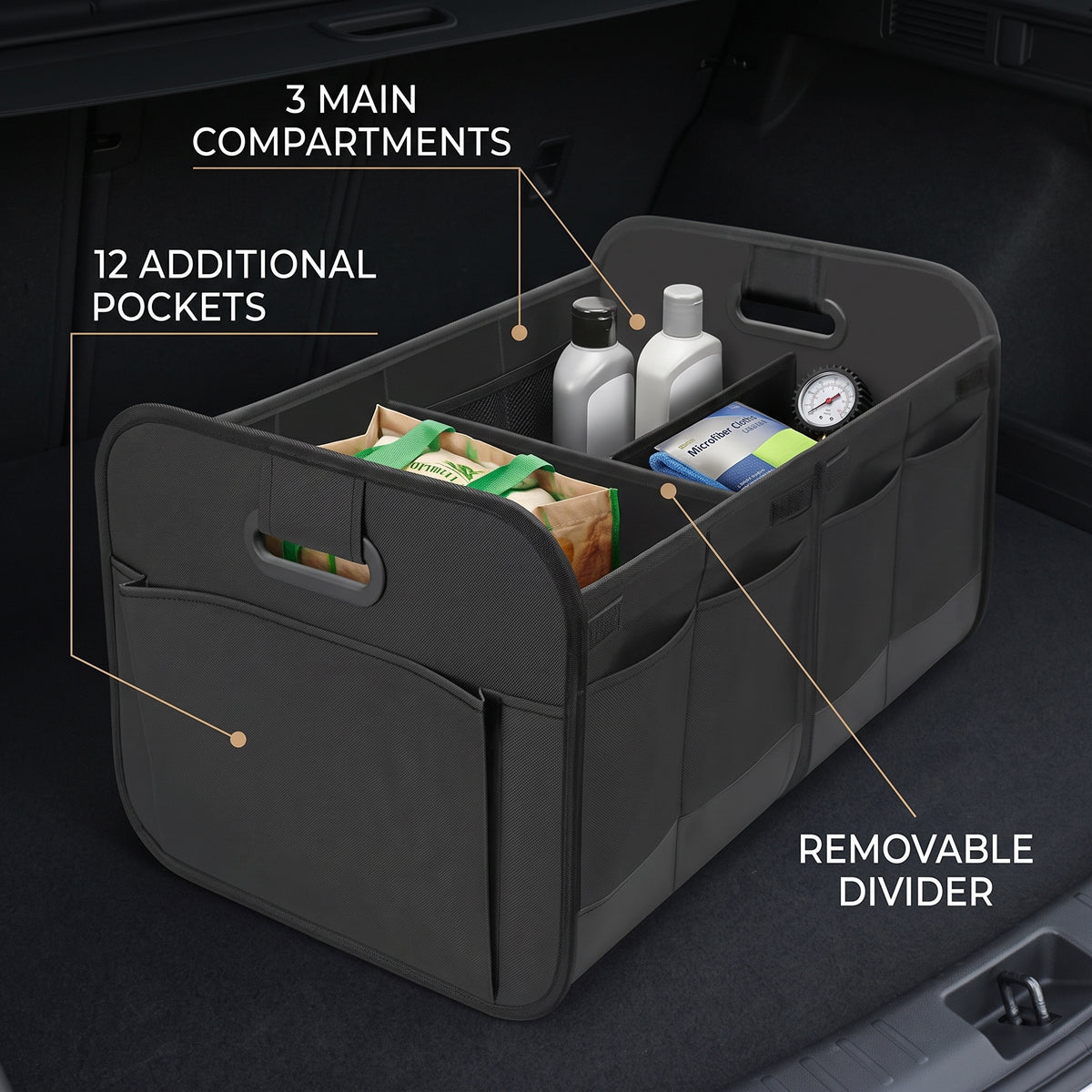 60CM Collapsible Trunk Organizer With 3 Compartments & 12 Pockets