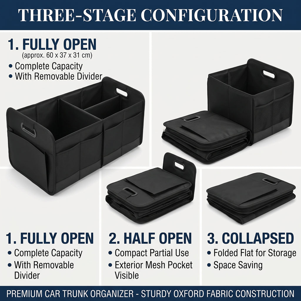 60CM Collapsible Trunk Organizer With 3 Compartments & 12 Pockets