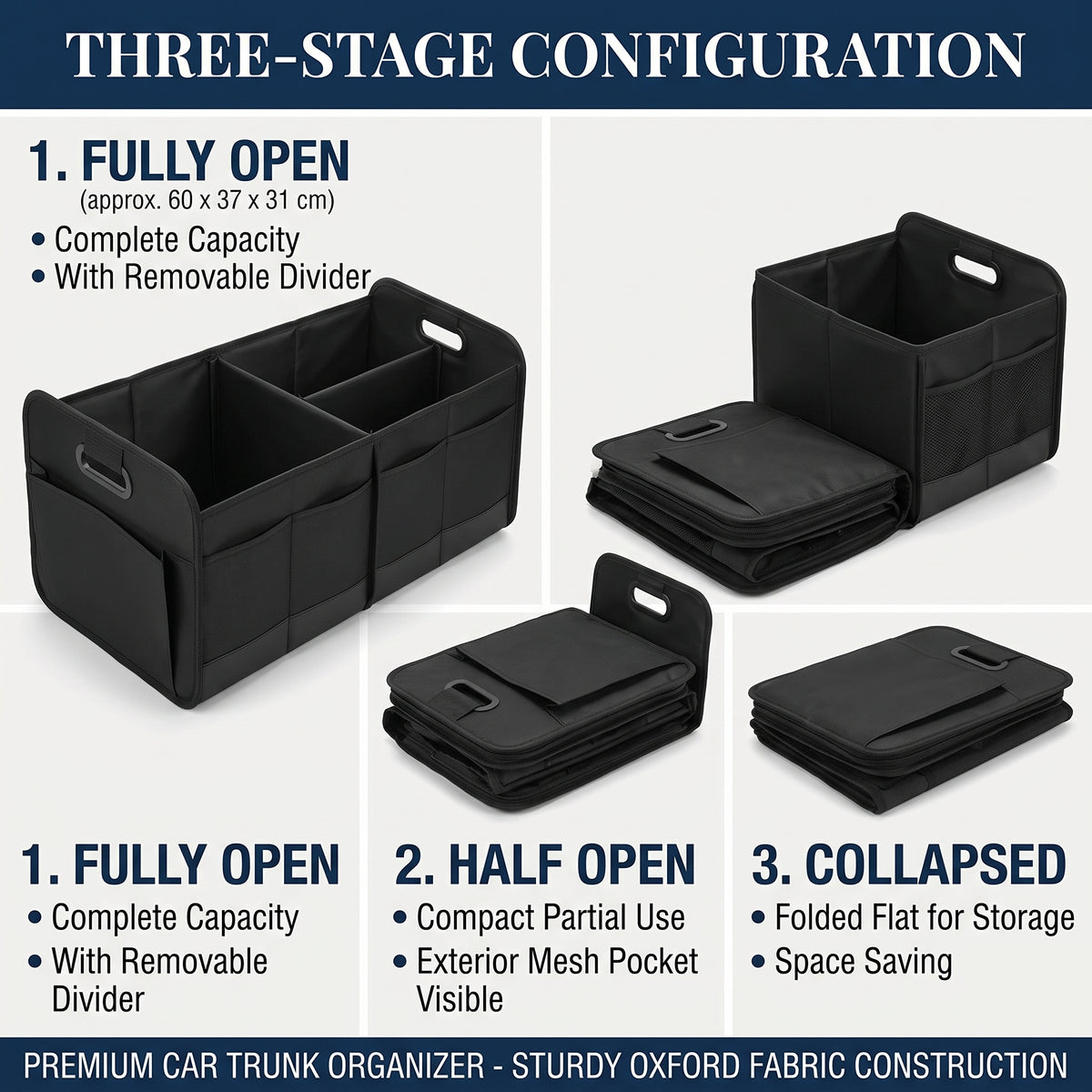 60CM Collapsible Trunk Organizer With 3 Compartments & 12 Pockets