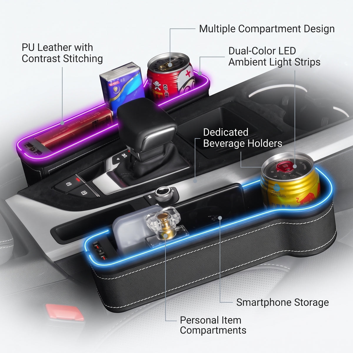 7-Color LED Seat Gap Organizer With Dual USB Charging