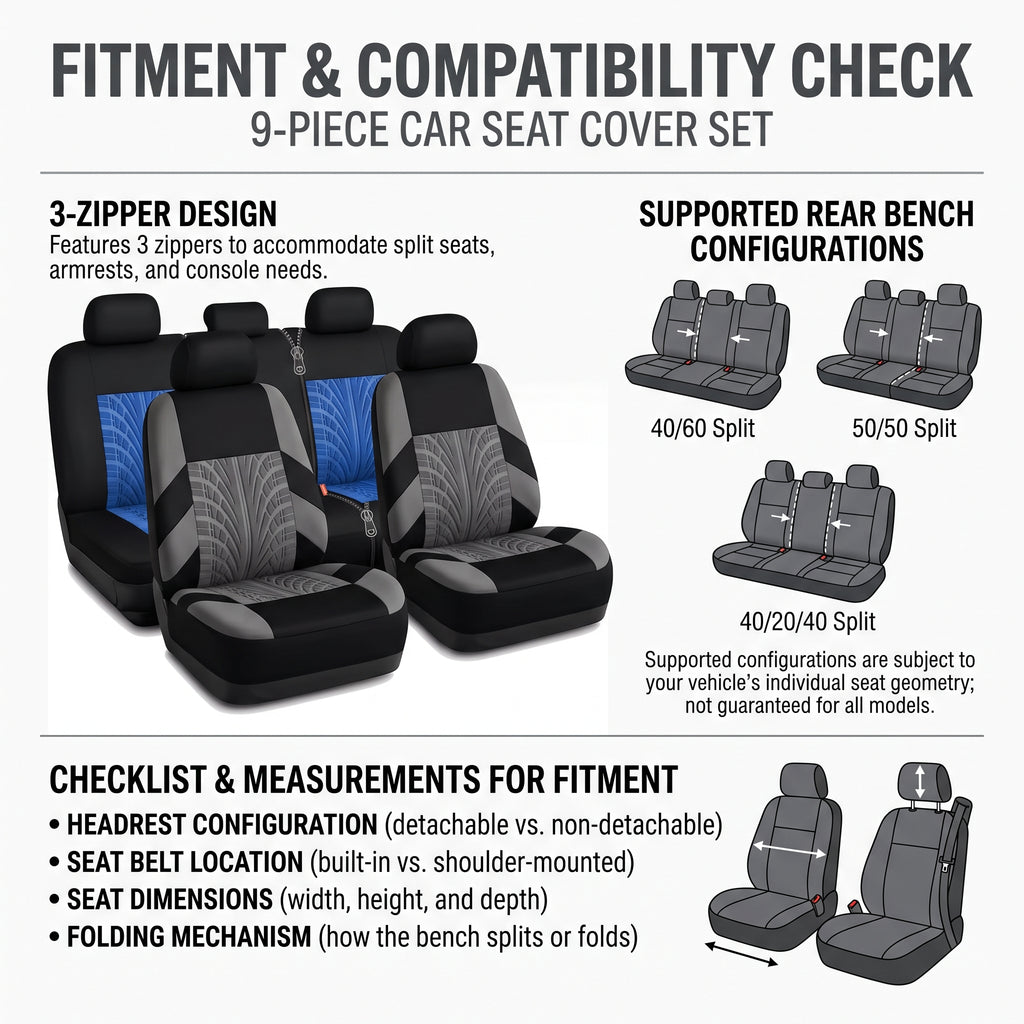 9-Piece Car Seat Cover Set With Split Rear Bench Zippers