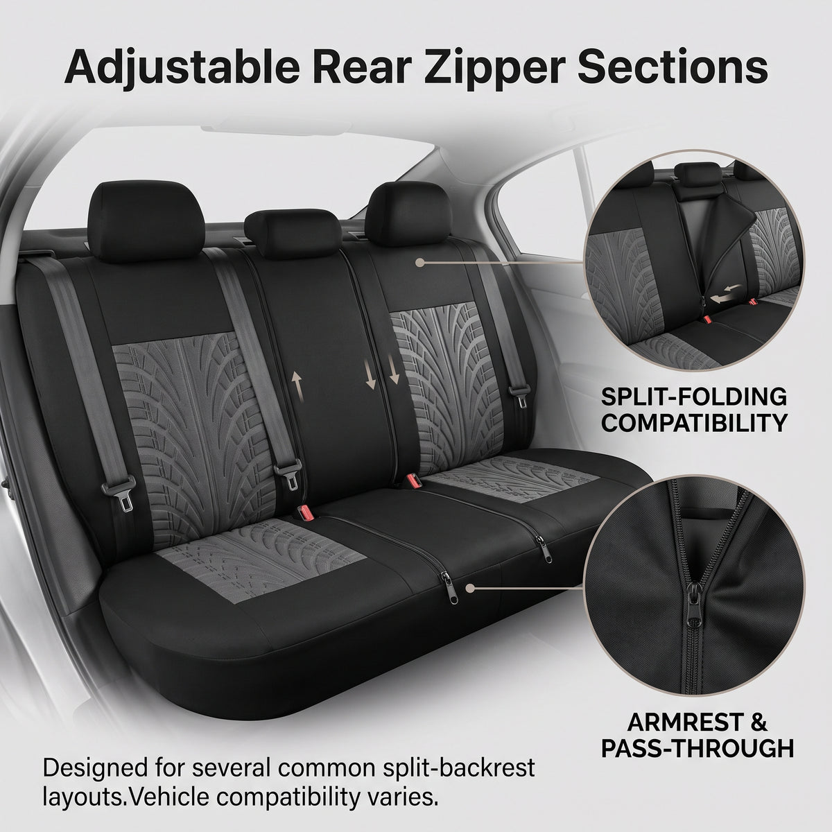 9-Piece Car Seat Cover Set With Split Rear Bench Zippers