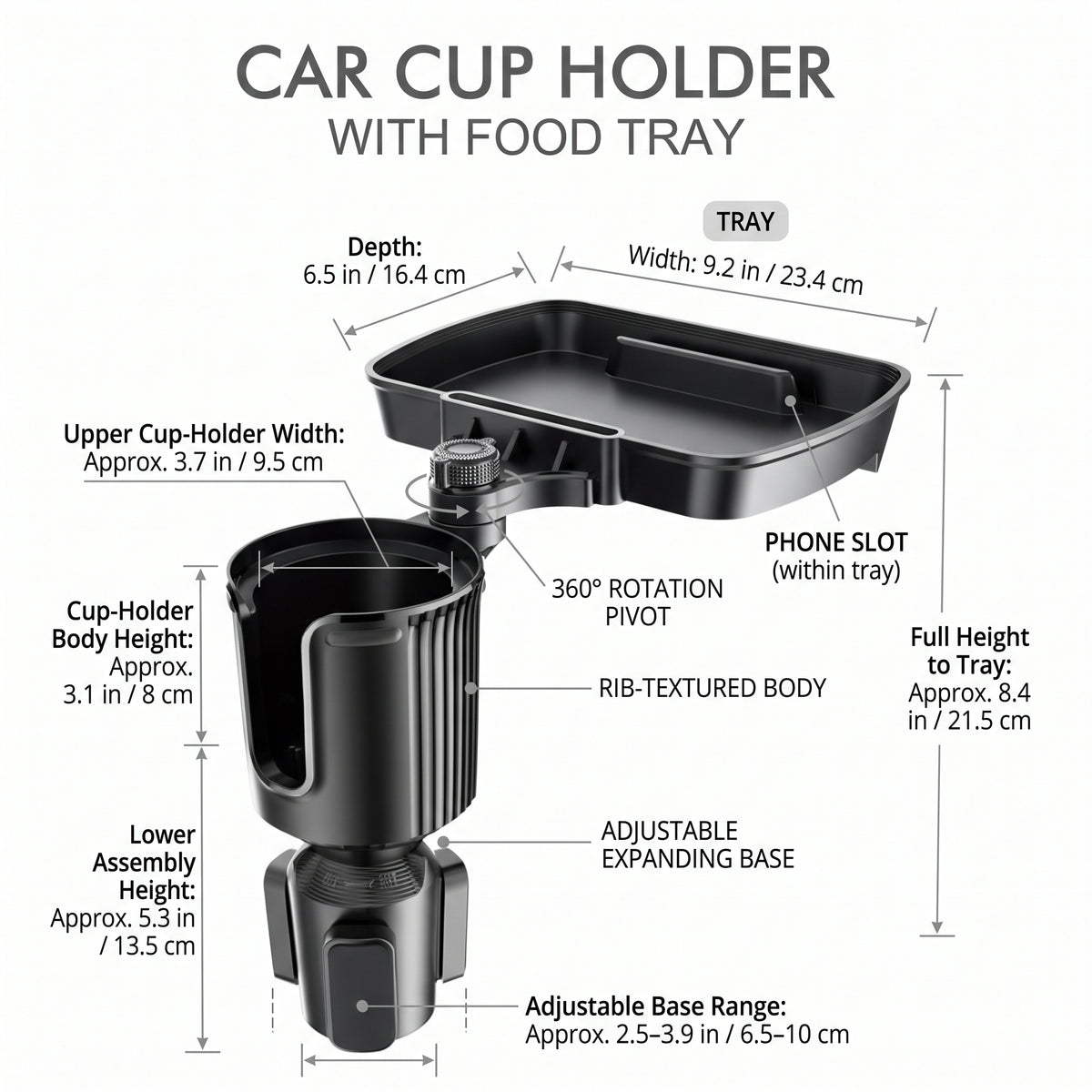 2-in-1 Car Cup Holder With 360° Rotating Tray
