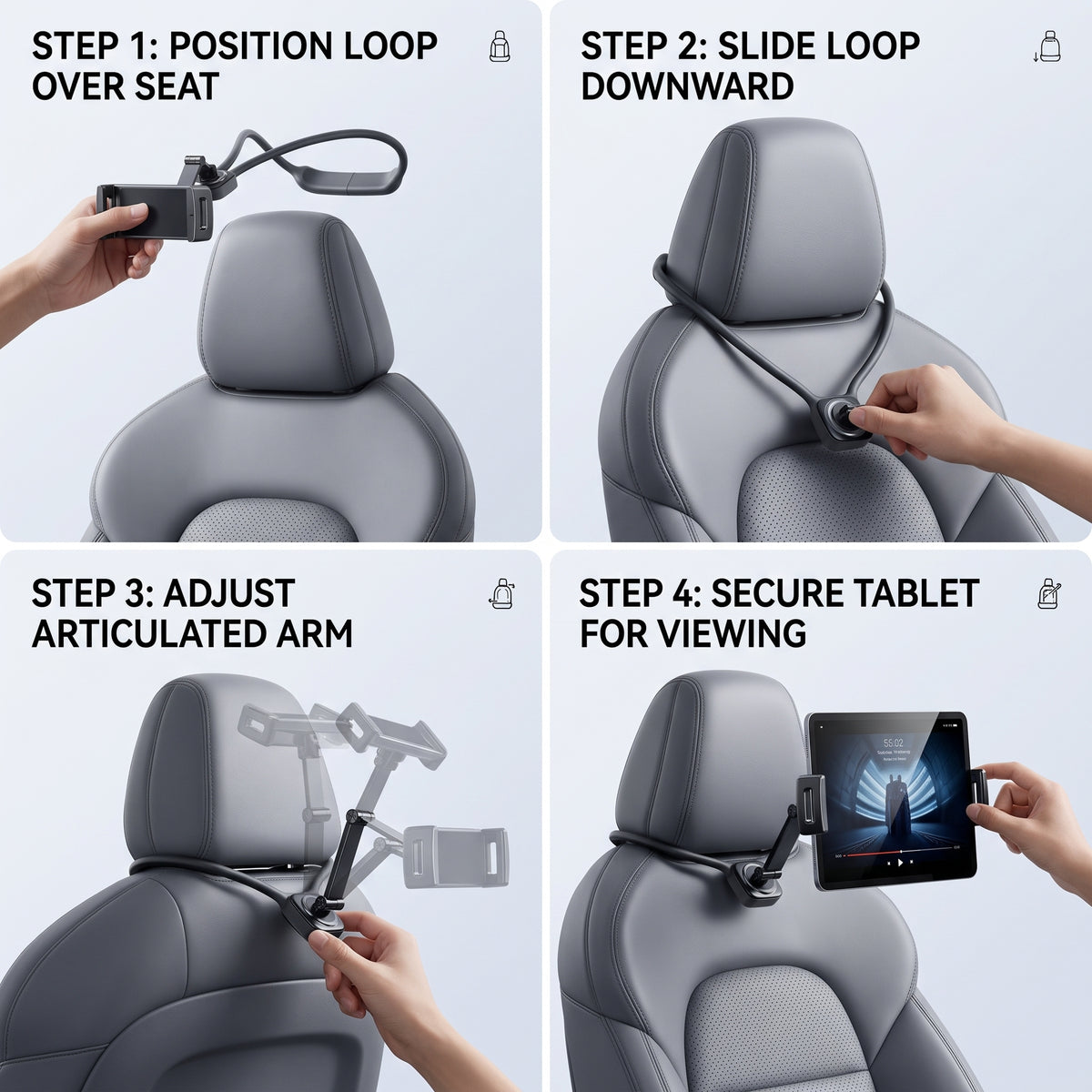 Seatback Tablet Holder With Flexible Headrest Mount