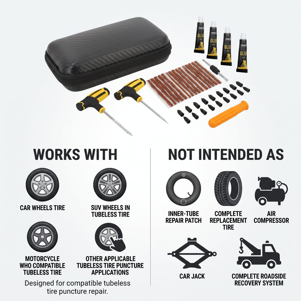Compact Tubeless Tire Puncture Repair Kit With Carry Case