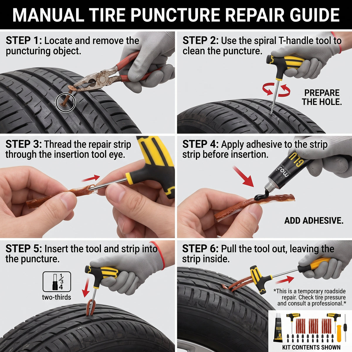 Compact Tubeless Tire Puncture Repair Kit With Carry Case