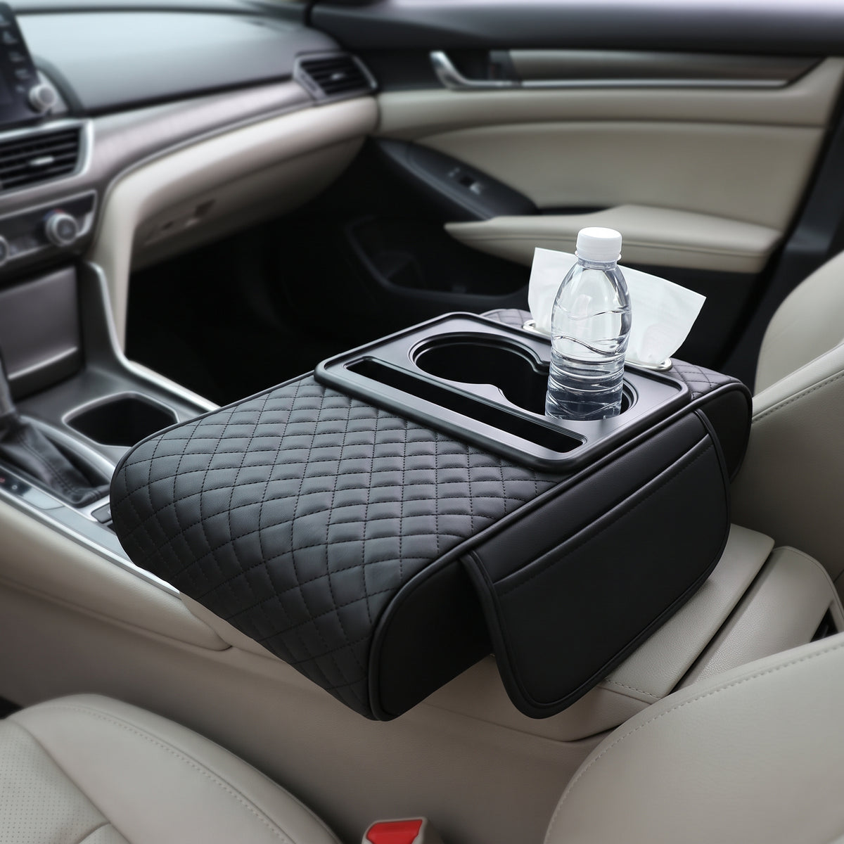 Padded Center Console Armrest Organizer With Dual Cup Holders & Tissue Holder
