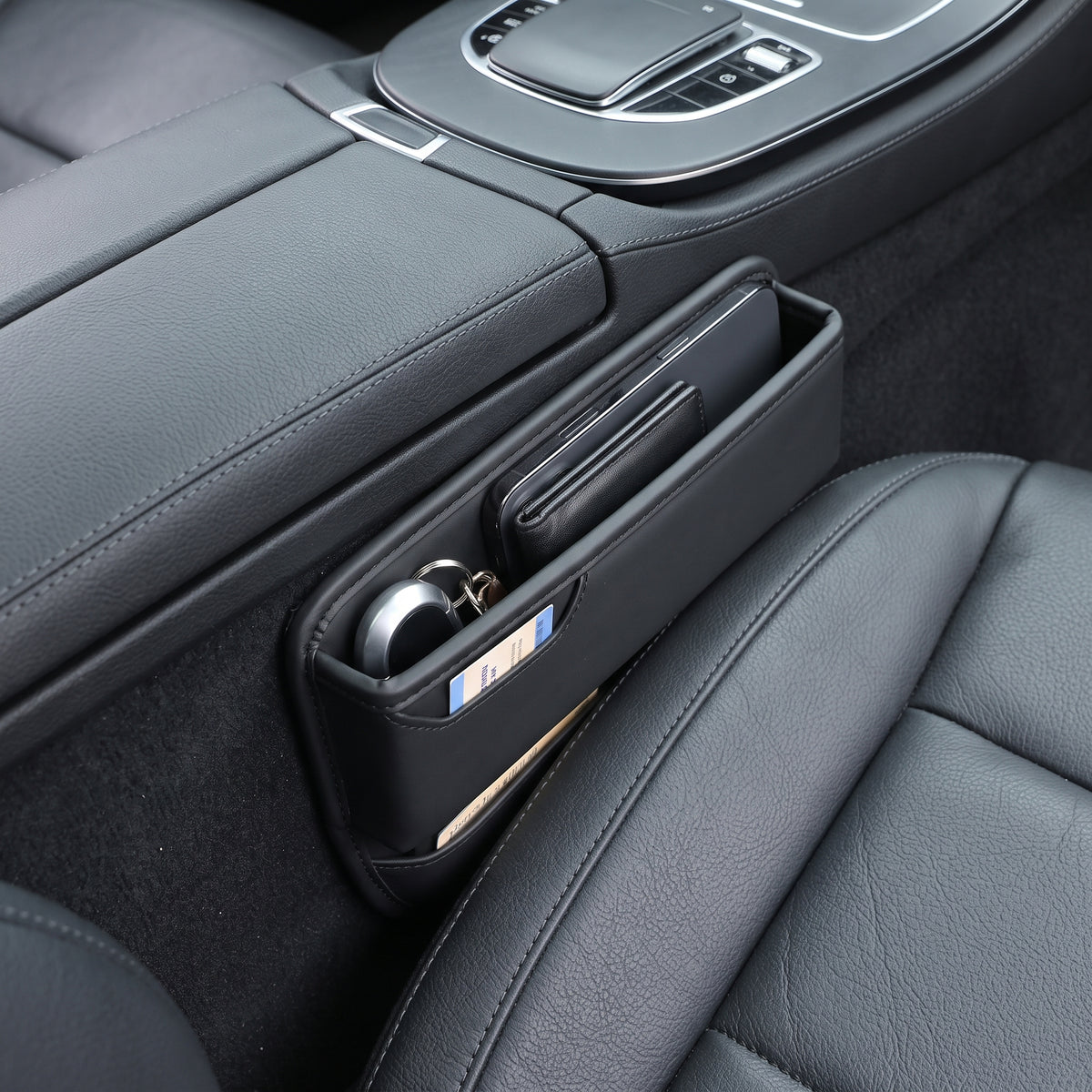 Leather Car Seat Gap Organizer With Front Storage Pocket