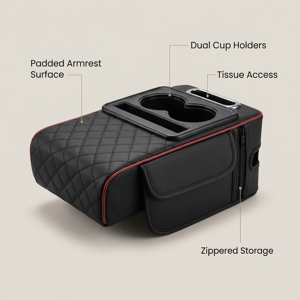 Padded Center Console Armrest Organizer With Dual Cup Holders & Tissue Holder