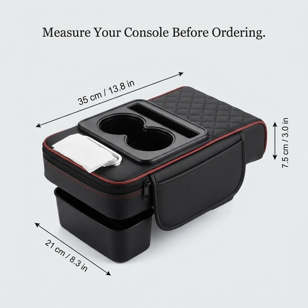 Padded Center Console Armrest Organizer With Dual Cup Holders & Tissue Holder