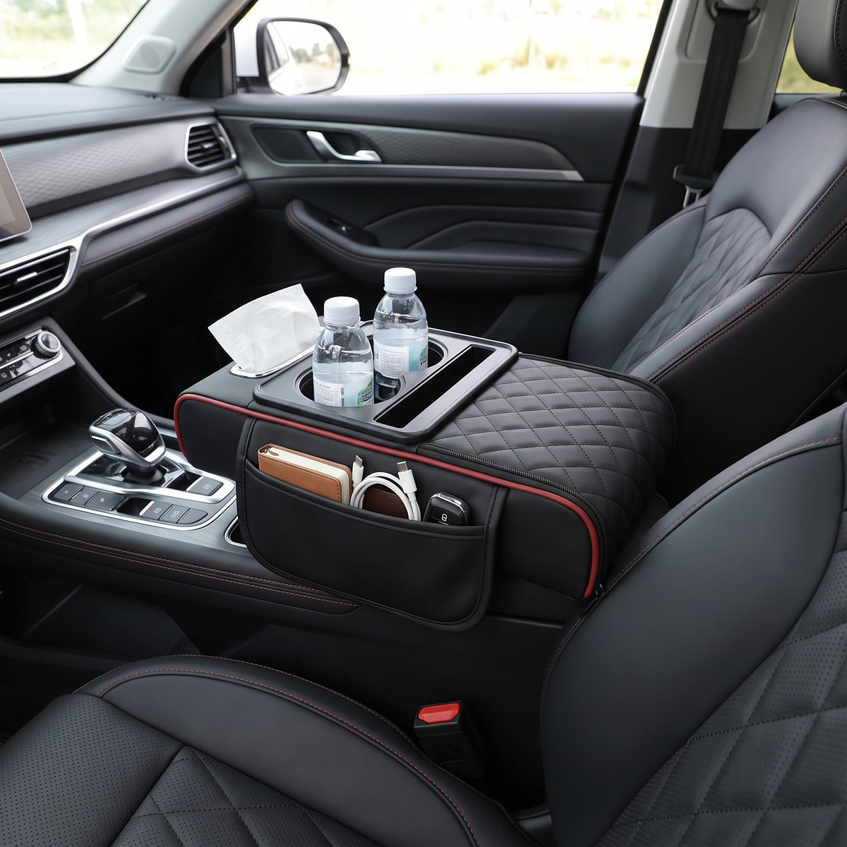 Padded Center Console Armrest Organizer With Dual Cup Holders & Tissue Holder