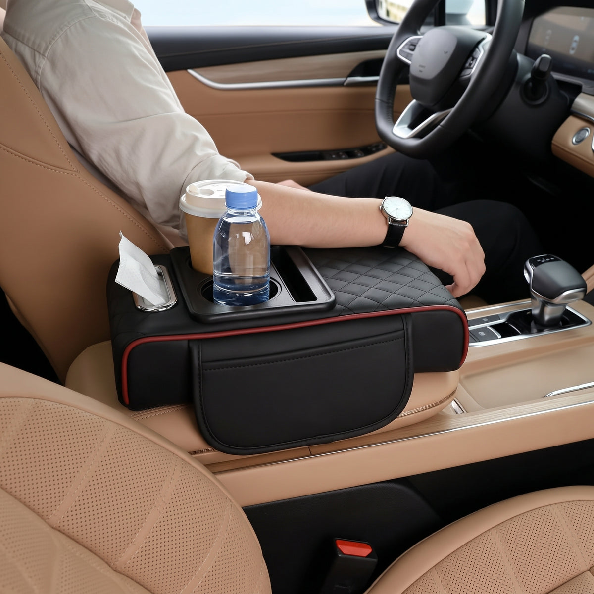 Padded Center Console Armrest Organizer With Dual Cup Holders & Tissue Holder