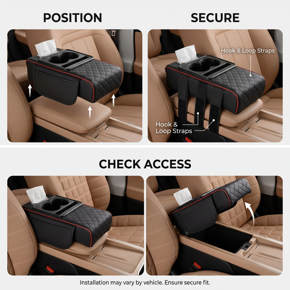 Padded Center Console Armrest Organizer With Dual Cup Holders & Tissue Holder