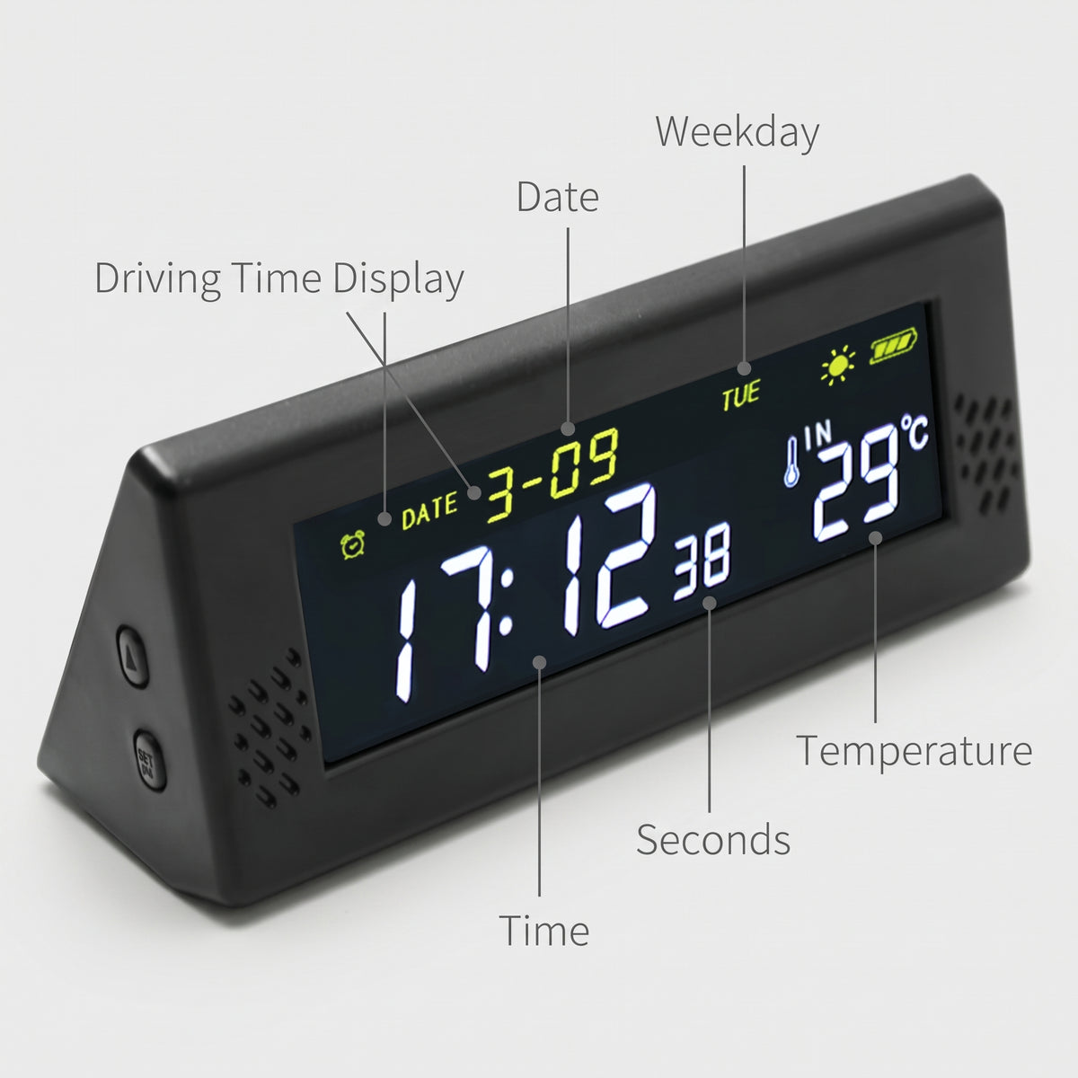 Solar Car Digital Clock With Driving Time & Temperature Display